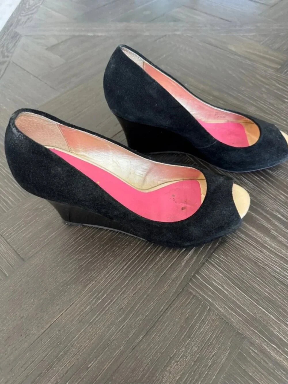 Lilly Pulitzer Black Suede Platform Wedges 7.5 Peep Toe Heel Shoes